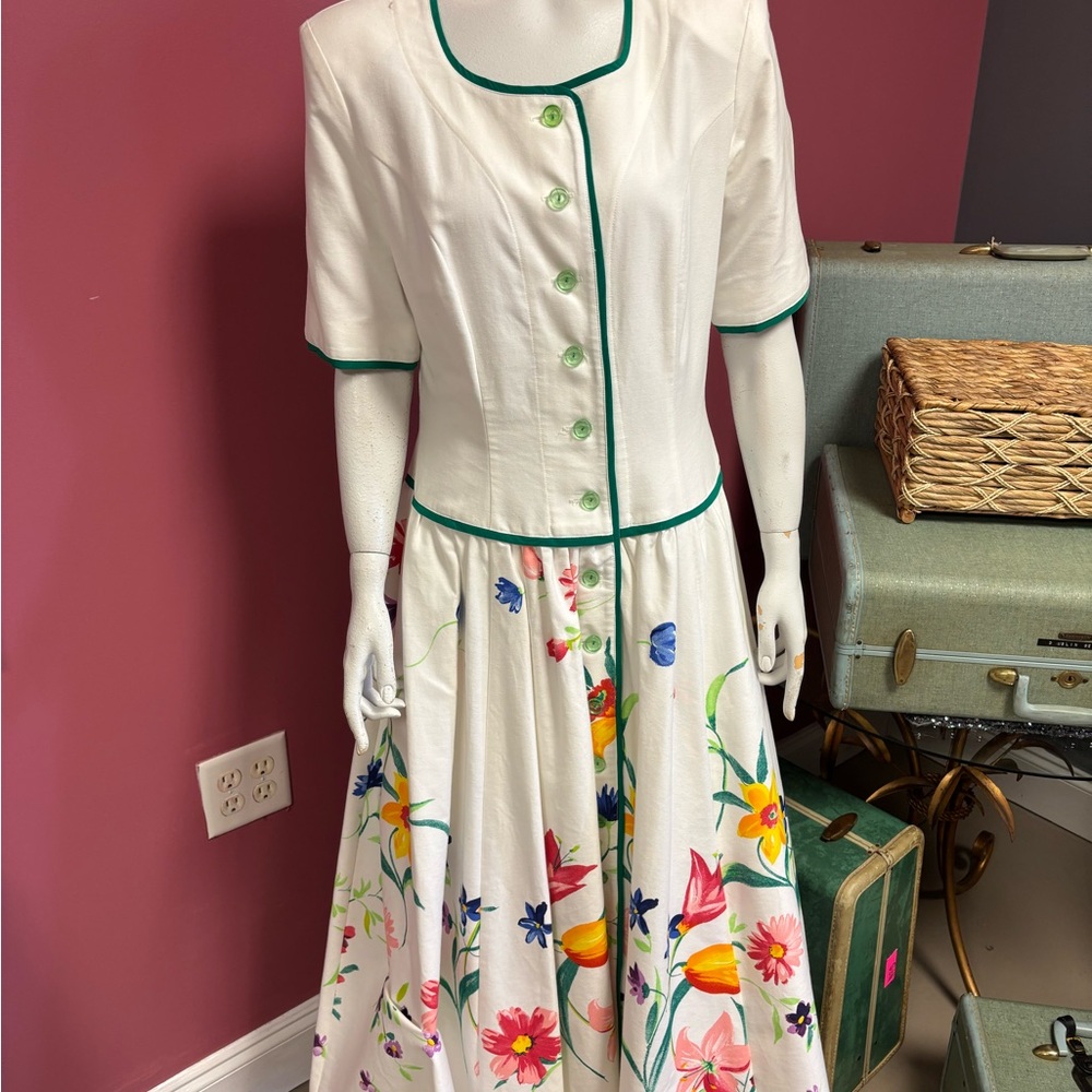 Vintage Howard Wolf White Floral Dress with Green Trim